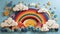 rainbow arching over a group of smiling clouds