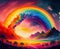 A rainbow arcing over a landscape, the vibrant colors of the spectrum captured in stunning detail, generative ai