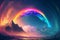 A rainbow arcing over a landscape, the vibrant colors of the spectrum captured in stunning detail, generative ai