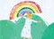 The Rainbow as a Symbol of Hope. Summer scene, fairytale, cute young woman, adorable girl stand against nature, hills