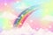 Rainbow background with clouds and sprinkles in watercolor style on pink background. Fantasy pastel color. Realistic
