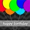 Rainbow balloons happy birthday card, colourful balloons on the dark background