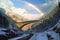 rainbow bridge over a snowy mountain pass