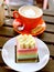 Rainbow cake with Latte ... enjoying high tea