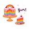 Rainbow cake and slice isolate on a white background. Vector graphics