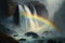 rainbow, cascading over a waterfall, with mist and droplets of water in the air
