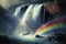 rainbow, cascading over a waterfall, with mist and droplets of water in the air