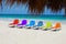 Rainbow chairs on Love Beach, The Bahamas