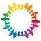 Rainbow circle formed by men, women, boys and girls holding hands. Pictograms of connected people standing in a circle to express