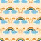 Rainbow, clouds with eyes and smile, silhouette stars. Seamless pattern.