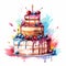 rainbow color birthday cake with lighting candles water color painted style illustration