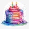 rainbow color birthday cake with lighting candles water color painted style illustration