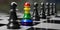 Rainbow color Chess pawn among black pawns on chessboard, Inclusion diversity and stand out