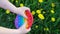 Rainbow color pop it toy. girl playing antistress toy pop it on the grass with dandelions outside