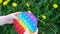 Rainbow color pop it toy. girl playing antistress toy pop it on the grass with dandelions outside