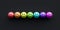 Rainbow colored balls with smiling faces lined up in row. Creative diversity concept on black background. 3d render