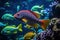 a rainbow colored fish swimming in an aquarium. Generative Ai