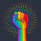 Rainbow colored hand with a fist raised up. Gay Pride. LGBT concept. Realistic style vector colorful illustration. Sticker, patch