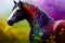 rainbow colored horse in a meadow among flowers illustration Generative AI