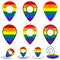 Rainbow colored map pins. Gay Pride. LGBT concept. Lgbt location. Collection map pins for location of homosexual parade. Human