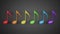 Rainbow colored music note placed on gray gradient background. Concept of colorful decoration related to music, relaxation,