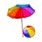 Rainbow colored, open beach umbrella and inflated ball