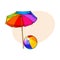 Rainbow colored, open beach umbrella and inflated ball