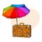 Rainbow colored, open beach umbrella and travel suitcase with luggage stickers