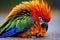 rainbow-colored parrot preening its tail feathers