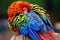 rainbow-colored parrot preening its tail feathers