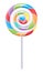 Rainbow colored round spiral lollipop.