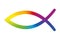 Rainbow colored sign of the fish symbol, Jesus fish, ichthys or ichthus