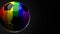 Rainbow colored soccer ball on black text space.