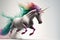 Rainbow colored unicorn running on white background. Generative AI