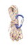 Rainbow colorful Climbing Rope roll fly in air. Strong safety climbing rope for sport mountain hobby, need safety gear to lock