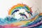 Rainbow colorful Dolphins jumping out of water