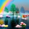 Rainbow colorful magic forest with lake, fantasy location - Abstract Illustration