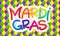 Rainbow colors Mardi Gras lettering sign on traditional carnival pattern