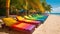 Rainbow colors striped sunbeds on sandy beach with palm leaves near sea.