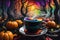 Rainbow Colors Swirling Out of a Coffee Cup - Set Against a Spooky Halloween Forest Backdrop, Dark Silhouettes Lurking