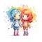 Rainbow Couple Dolls Clipart, LGBTI Watercolor Art, Dolls PNG, Instant Doll Stickers, Dolls Transparent background. Ai