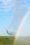 A rainbow created by an agricultural sprinkler.