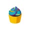 Rainbow cupcake with colorful icing. Swirled cream. Tasty dessert with blue rainbow frosting. Vector illustration
