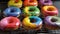 Rainbow donuts with vibrant multicolor icing, AI generative