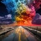 a rainbow explosion on a road