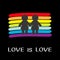 Rainbow flag backdrop. LGBT gay symbol. Love is love text quote. Two woman marriage sign. Colorful line set. Flat design. Black