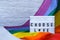 Rainbow flag with lightbox and text CHOOSE LOVE. Rainbow lgbtq flag made from silk material. Symbol of LGBTQ pride month