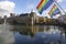 Rainbow flags over the lake Hofvijver