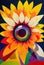 Rainbow flower with photo lens. Stylized sunflower. Flat multicolored illustration. AI-generated