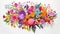 Rainbow flowers bouquet galaxy background. Bunch of pretty multicolored roses over starry space. AI illustration